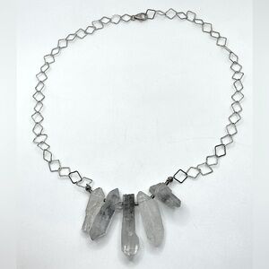 VTG Sterling Clear & Grey Raw Quartz Stone Necklace 16” + 1.5”